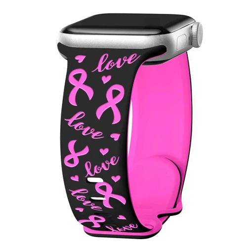 Vieeki Tow-Tone Engraved Pink Ribbon Watch Band Compatible with Apple Watch Band 38mm 40mm 41mm 42mm 44mm 45mm 46mm 49mm for Women, Strap Replacement for iWatch Series SE 10 9 8 7 6 5 4 3