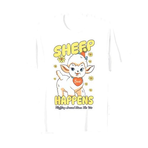 Sheep Happens Groovy Retro Vintage Funny 70s Pun Sheep Happens Funny 70s Retro Kitsch Cute Lamb Pun Aesthetic T-Shirt