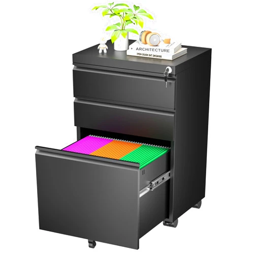 Greenvelly 3 Drawer Mobile File Cabinet with Lock, Metal Filing Cabinet on Wheels, Under Desk File Cabinet for Home Office Organizer Letter/Legal/A4 File (Assembly Required, Black)
