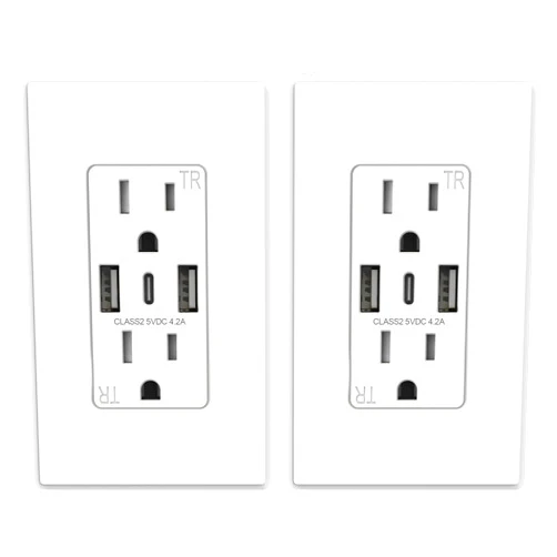ELEGRP USB Wall Outlets, 3-Ports USB C Wall Outlets Receptacles, Matte White 15 Amp Outlets with USB Ports, Tamper-Resistant USB Outlets, Screwless Wall Plate Included, UL & CUL Listed, 2 Pack