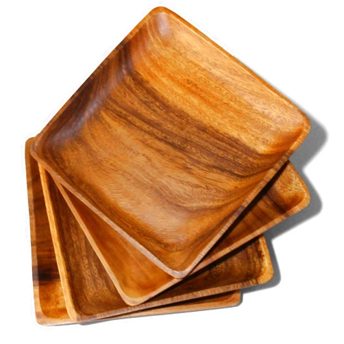 WRIGHTMART Acacia Wood Plates for Food, Square Rustic Set of 4, Heavy Duty 10