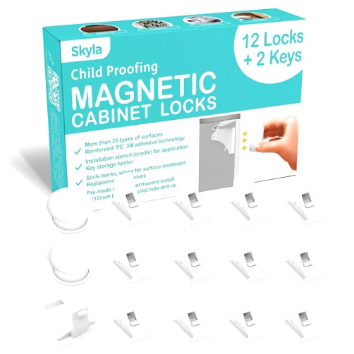 SKYLA HOMES Magnetic Cabinet Locks Baby Proofing Child Safety - The Safest Quickest and Easiest Multi-Purpose 3M Adhesive Child Proof Latches, No Screws or Tools Needed (12 Pack)