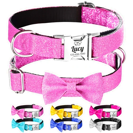 WASHNN Personalized Girl Dog Collar with Glitter Bowtie, Pink Bling Collar for Small Medium Large Dogs, Engraved Name and Phone Number, Pet Collar with Quick Release and Metal Buckle for Femal Girl Dogs