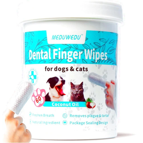 MEDUWEDU Dental Care Finger Wipes 60 Counts,Teeth Cleaning Finger Wipes for Dogs & Cats,Reduces Plaque & Freshens Breath, Coconut Scent