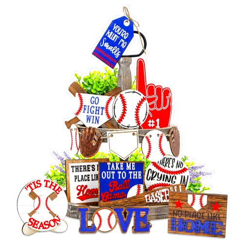 JarThenaAMCS 16Pcs Baseball Tiered Tray Decor Set Baseball Signs Wooden Block Signs Sport Theme Tabletop Signs with Hemp Rope for Home Party Table Centerpiece Supplies