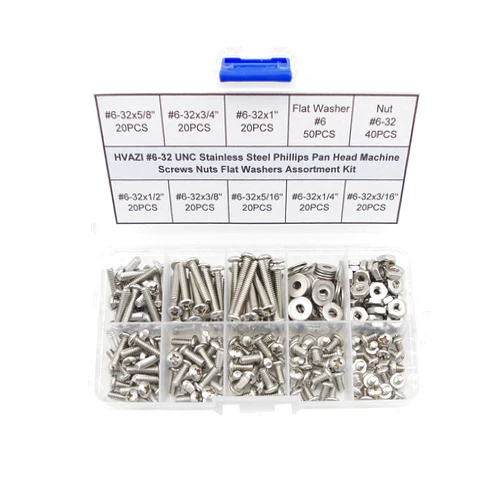 HVAZI #6-32 UNC Stainless Steel Phillips Pan Head Machine Screws Nuts Flat Washers Assortment Kit
