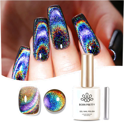Born Pretty Cat Magnetic Eye Gel Nail Polish, Rainbow Laser Holographic Cat Magnetic Gel, Black Holo Glitter Magnetic Soak Off U v Nail Gel Diy Art for Girls Women 15ML
