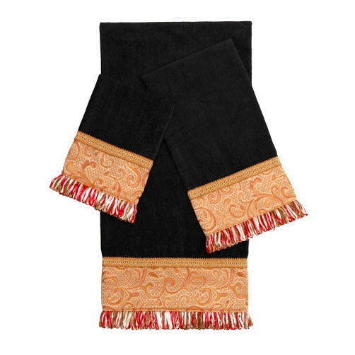 Sherry Kline Swirl Paisley Embellished 3-Piece Decorative Towel Set, Pure Cotton 1 Bath, Hand & Tip Towel, Extra Absorbent and Machine Washable, Super Soft Bath Towels (Black)