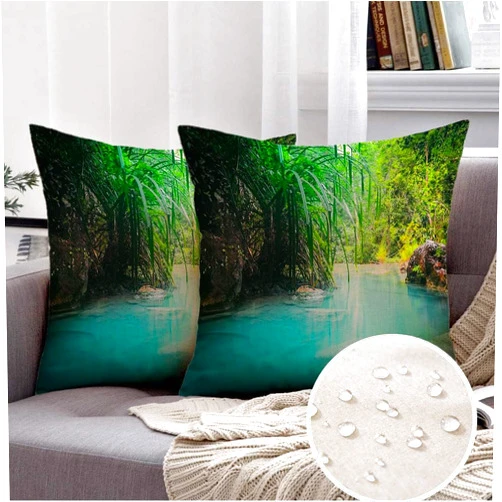Mossnehh Pack of 2 Decorative Square Throw Pillow Cover Waterproof Linen Southeast Jungle Flowing Turquoise Streaming Water Erawan Nature Design Nobody River Color Sunny Pillow Case for Outdoor 18x18 Inch