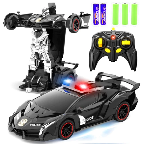 FDJ Remote Control Car - Transform Car Robot, One Button Deformation to Robot with Flashing Light, 2.4Ghz 1:18 Scale Transforming Police Car Kids Toys with 360 Degree Rotating Drifting, Toys Gifts