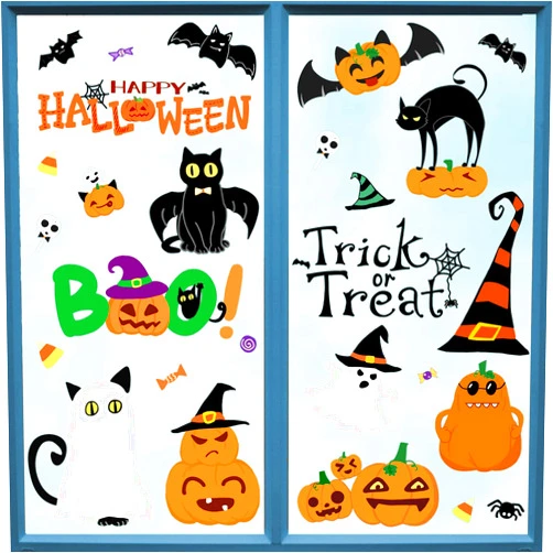 Ivenf Halloween Decorations Window Clings, Cute Pumpkin Ghost Black Cat Bat Witch Hat BOO Window Decals for Glass Windows, Happy Halloween Decor for Kids School Home Office Party, 4 Large Sheets
