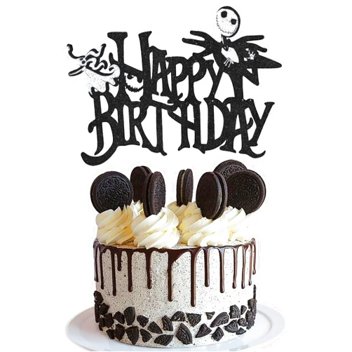 Caiwowo Halloween Nightmare Happy Birthday Cake Topper - Halloween Birthday Black Glitter Jack Skeleton Cake Topper - Spookey Kids Birthday Cake Decorations
