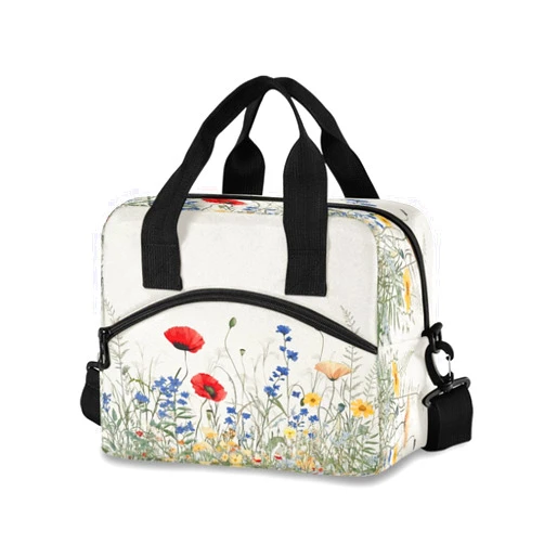FLildon Reusable Lunch Bag Colorful Wildflowers Insulated Lunch Box Cooler Tote Removable Shoulder Strap Meal Picnic Bags for Outdoor Travel Office Work
