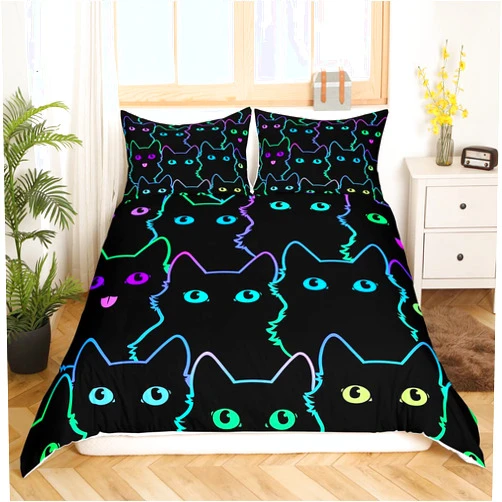 Feelyou Cartoon Cat Bedding Set for Girls Boys Children Pet Cats Comforter Cover Cute Kitten Neon Light Duvet Cover Room Decor Colorful 3D Animal Cat Lover's Bedspread Cover Queen Bedding Collection 3Pcs