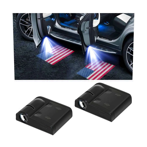 KHGUZ 2PCS American Flag Car Door Lights Logo Projector, LED Wireless Vehicle Door Welcome Courtesy Light, Patriotic Automotive Sensor Ghost Shadow Lamp, Universal for Most Cars (Red)