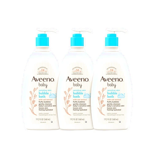 Aveeno Baby Sensitive Skin Bubble Bath with Oat Extract, Gently Cleanses and Leaves Skin Feeling Hydrated, Tear-Free Formula, Hypoallergenic, Soap- & Dye-Free, 19.2 fl. Oz, Pack of 3