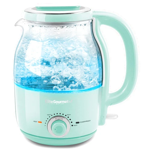 Elite Gourmet EKT1220M 1.2L Electric BPA-Free 1200W Glass Kettle, Temperature Dial Keep Warm Function, Cordless 360° Base, Blue LED Interior, Auto Shut-Off Function – Quick Boil, Mint