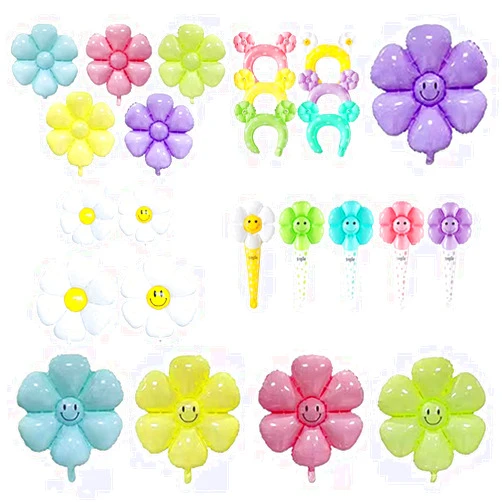 Saptuba 25Pcs Daisy Balloons with Smile Face, Hair Hoop Balloons, Smiley Daisy Balloons, Hand-Held Stick Balloons Party Decorations Boho White Flower Balloon For Birthday Wedding Party