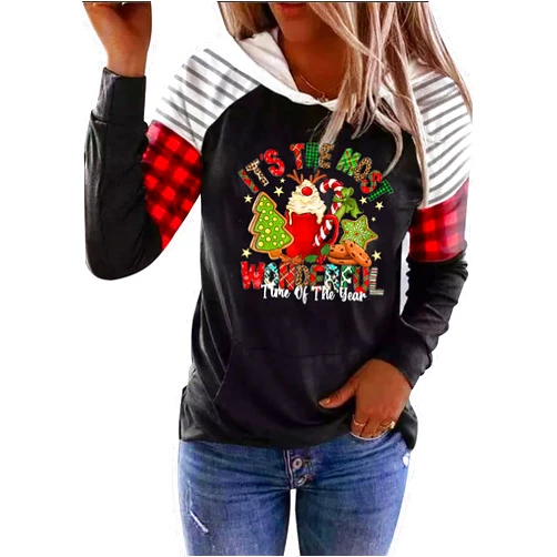 Cycgttpl Merry Christmas Hoodies Women Xmas Buffalo Plaid Trees Blouse Tops Splicing Long Sleeve Holiday Sweatshirt