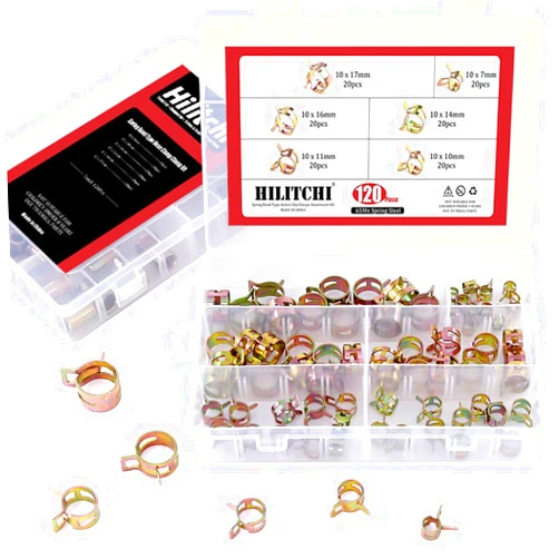 Hilitchi 120 Pcs Spring Band Type Action Fuel/Silicone Vacuum Hose Pipe Clamp Low Pressure Air Clip Clamp (10 x 7mm 10mm 11mm 14mm 16mm 17mm)