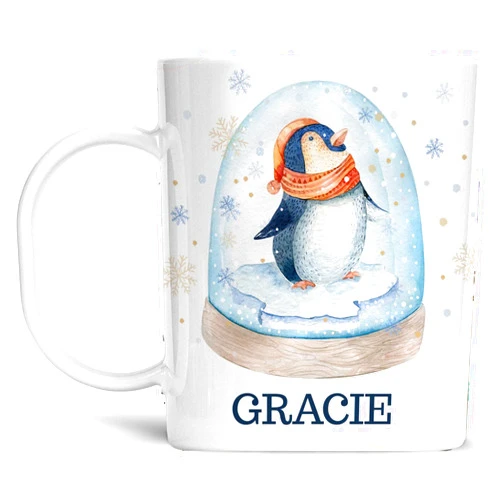 Foxy Mug Personalized Christmas Cup with Kids Name Cute Penguin Snow Globe Unbreakable Child's Mug | Dishwasher Safe | BPA and Melamine Free