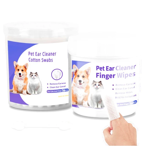 VIVAALI Dog Ear Cleaner Set Dog Ear Wipes with Cotton Swabs, Each 56pcs,Ear Cleaning Finger Wipes for Dogs & Cats, Soft&Gently Remove Ear Wax, Debris, Natural Ingredients
