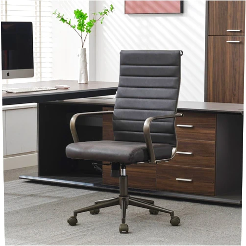 Okeysen Leather Office Desk Chair, Ergonomic Mid Century Modern Conference Room Chairs, Executive Ribbed Height Adjustable Swivel Rolling Chair for Home Office.
