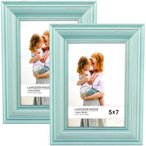 Langdon House 5x7 Real Wood Picture Frames (2 Pack, Eggshell Blue - Gold Accents), Wooden Photo Frame 5 x 7, Wall Mount or Table Top, Lumina Collection