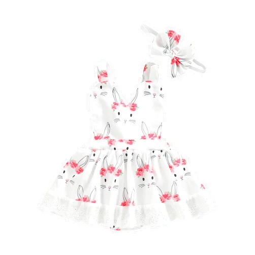 Hantleiftov Newborn Baby Girl Easter Outfit Sleeveless V Neck Bunny Floral Print Suspender Romper Dress Headband 2Pcs Set