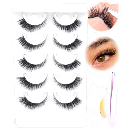 Lvmixwig Self Adhesive Eyelashes Natural No Glue Needed Eyelashes Cat Eye Lashes Wispy Self Adhesive Lashes Fluffy Strip Lashes without Eyeliner Reusable Wispy Self-Adhesive Lashes with Lash Clip and Tweezers