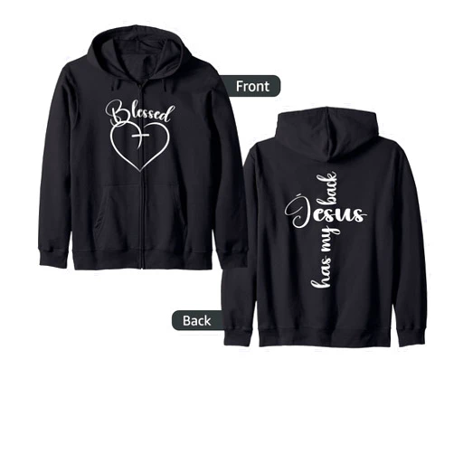 Maria's Jesus Has My Back Faith Tees Blessed Heart Cross Jesus Has My Back Faith Christian Zip Hoodie