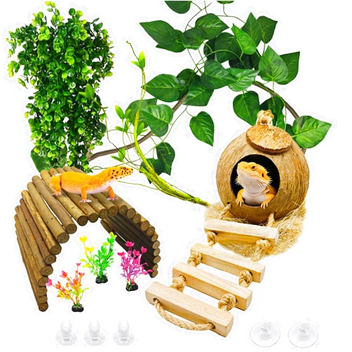 kathson 9PCS Leopard Gecko Tank Accessories,Reptile Hanging Plants and Vines Coconut Shell Hut with Ladder Habitat Decor for Climbing Bearded Dragon Lizard Snake Hermit Crab Chameleon