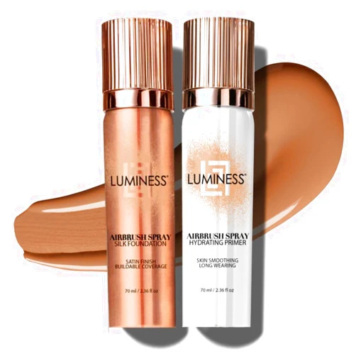 LUMINESS Silk Airbrush Spray Foundation & Primer Kit - Full Coverage Foundation, Anti-Aging Formula Hydrates & Moisturizes with Hyaluronic Acid, Aloe Vera & Hydrolyzed Silk (Shade - Light Tan)