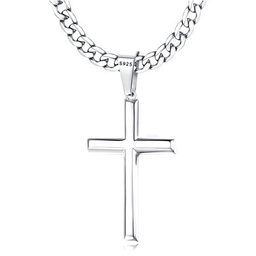 Besteel 925 Sterling Silver Cross Necklace Beveled Edge for Men Women 5mm Stainless Steel Non Tarnish Durable Cuban Link Curb Chain Crucifix Pendant Necklace Jewelry 16-30 Inches