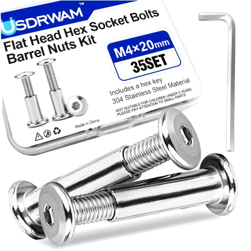 Usdrwam 35 Sets M4 × 20 mm Barrel Nuts and Bolts, Hex Socket Binding Screws for Furniture, Cabinets, and Cribs Assembly