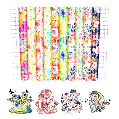 HTVSTD Watercolor Flower Permanent Vinyl - 10 Sheets 12 x 10inches Flower Permanent Adhesive Vinyl for Mugs Decors Self Adhesive Vinyl Compatible with Cricut/Silhoutte Cameo