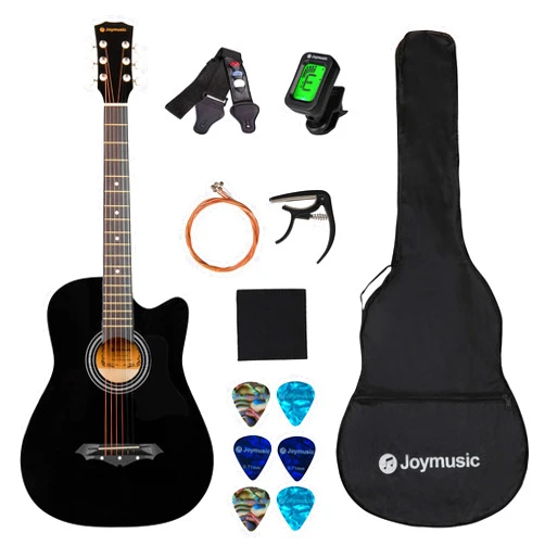 Joymusic 38 inch black beginner acoustic guitar,bundle with a strap with picks holder,digital tuner, set strings, capo,cleaning cloth,6 picks,gig bag.（JG-38C,BK）