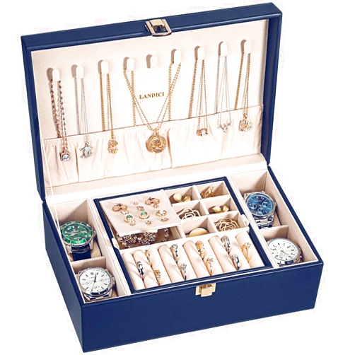 LANDICI Jewelry Box Organizer for Men Women, 2 Layer 4 Slot Watch Storage Case with Removable Tray, PU Leather Large Jewellery Holder Display for Watches Sunglasses Rings Earrings Necklace,Dark Blue