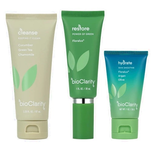 BioClarity 3-Step Essentials Skin Routine for Normal & Oily Skin Types | Cleanse, Restore and Moisturize | Gentle Clean and Hydrate Face | 100% Clean, Vegan Ingredients (Mini Size)