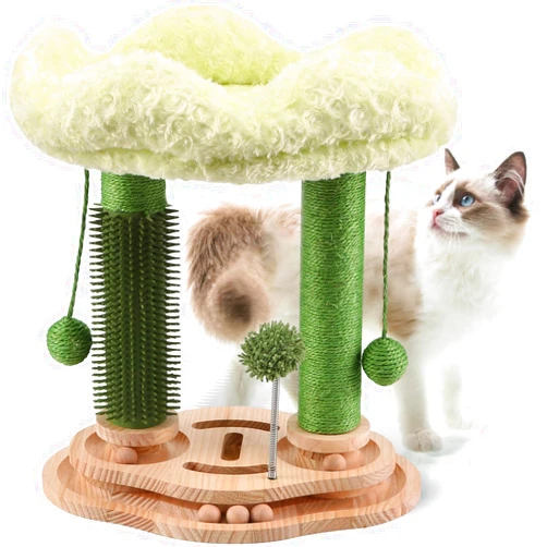 COUNER Cat Scratching Post with Bed,19.7'' Small Cat Tree for Kittens and Small Cats,Cat Self Groomer with 3-Tier Wood Base,Removable Bed,Groomer Brush,Natural Sisal,2*Dangling Balls,Interactive Ball