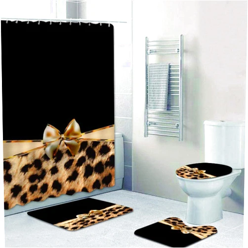 jieprom 4PCS Leopard Print Splice Gold Bowknot Shower Curtain Set with Rug, Toilet Lid Cover and Bath Mat, Shower Curtain with 12 Hooks, Durable Shower Curtain for Bathroom Set