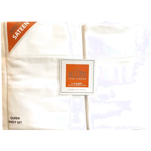 The Texture Collection Bellino Italy Luxury Collection-Solid White-4pc Ultra Soft Silky 100% Cotton-Hotel Quality Sateen Weave 300 Thread Count Sheet Set (Hemstitch, Queen)