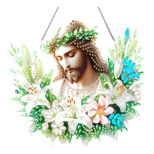 Apomelo DIY Jesus Diamond Art Painting Hanging Kit for Adults, Diamond Painting Pendant Acrylic Board Kit,Wreath Jesus