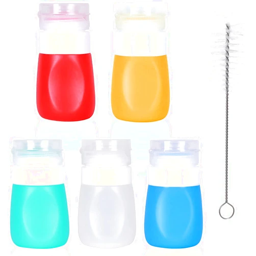 PuGez Salad Dressing Container to Go, Condiment Squeeze Bottles, Portable Salad Dressing Bottles with Cleaning Brush, Salad Dressing Container, Mini Condiment Bottles Food Storage Set of 5 (37ML)