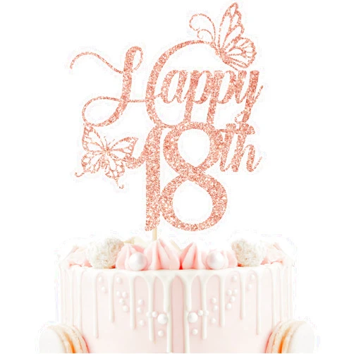 Calarjeta Happy 18th Cake Topper, 18th Birthday Cake Decorations, Sweet 18, Butterfly 18 Cake Topper, Happy 18th Birthday Party Decorations (Rose Gold Glitter)