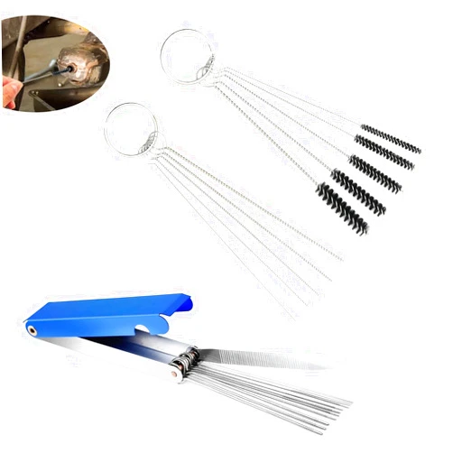 Dawfall 16 PCS Car Carburetor Injection Cleaning Brush Set, 10 Cleaning Needles + 5 Nylon Brushes + Box Needle, Flexible Rust-Proof Deformable Spray Gun Brush, Universal for Cars Motorcycles (Silver)