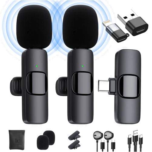 IUMAKEVP Wireless Lavalier Microphone for iPhone/Android Phone/Laptop, Plug-Play Clip on Lapel Mic with Auto Noise Reduction for Video Recording, Live Broadcast, Interview, TikTok, YouTube (2 Mics)