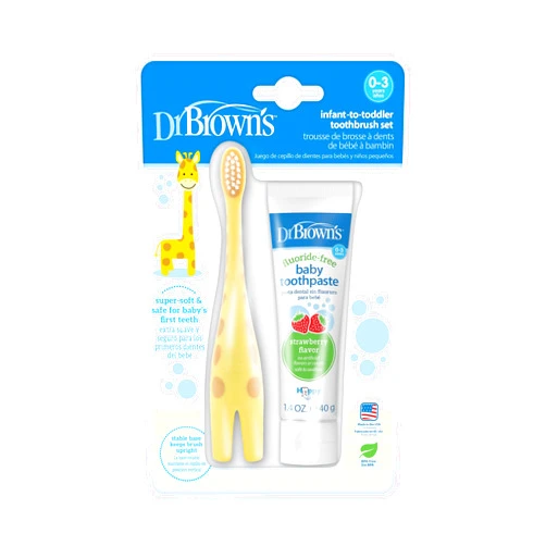 Dr. Brown's Infant-to-Toddler Training Toothbrush Set with Fluoride-Free Baby Toothpaste, Strawberry - Giraffe - 1.4oz - 0-3 years