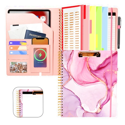 Aomeskoitoy Leather Clipboard Padfolio with Storage for Women, All-in-One Foldable Spiral Portfolio Organizer 5 Folders with 10 Pockets, Padfolio with Refillable Notepad, for Business, Nurse