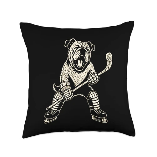 Funny Bulldog Heavy Metal Dog Designs English Bulldog Ice Hockey Sports Vintage Dog Lover Throw Pillow